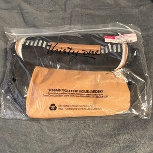 thirty-one Black Tote with Tan Front Pocket and Striped Handles